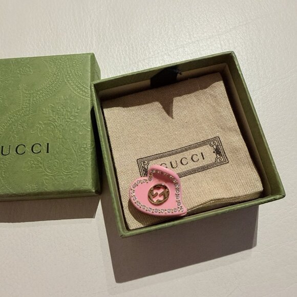 NEW Pink Gucci Rhinestone Heart Shape GG Logo Interlocking Hair Clip Jewelry - Picture 6 of 6